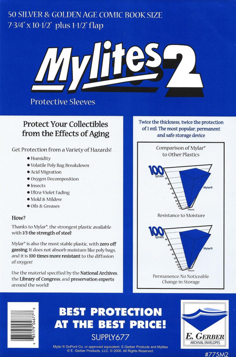 E. Gerber Mylites 2 Mil Comic Book Silver & Golden Age Size 7 3/4" x 10 1/2" Plus 1-1/2" Flap Pack of 50
